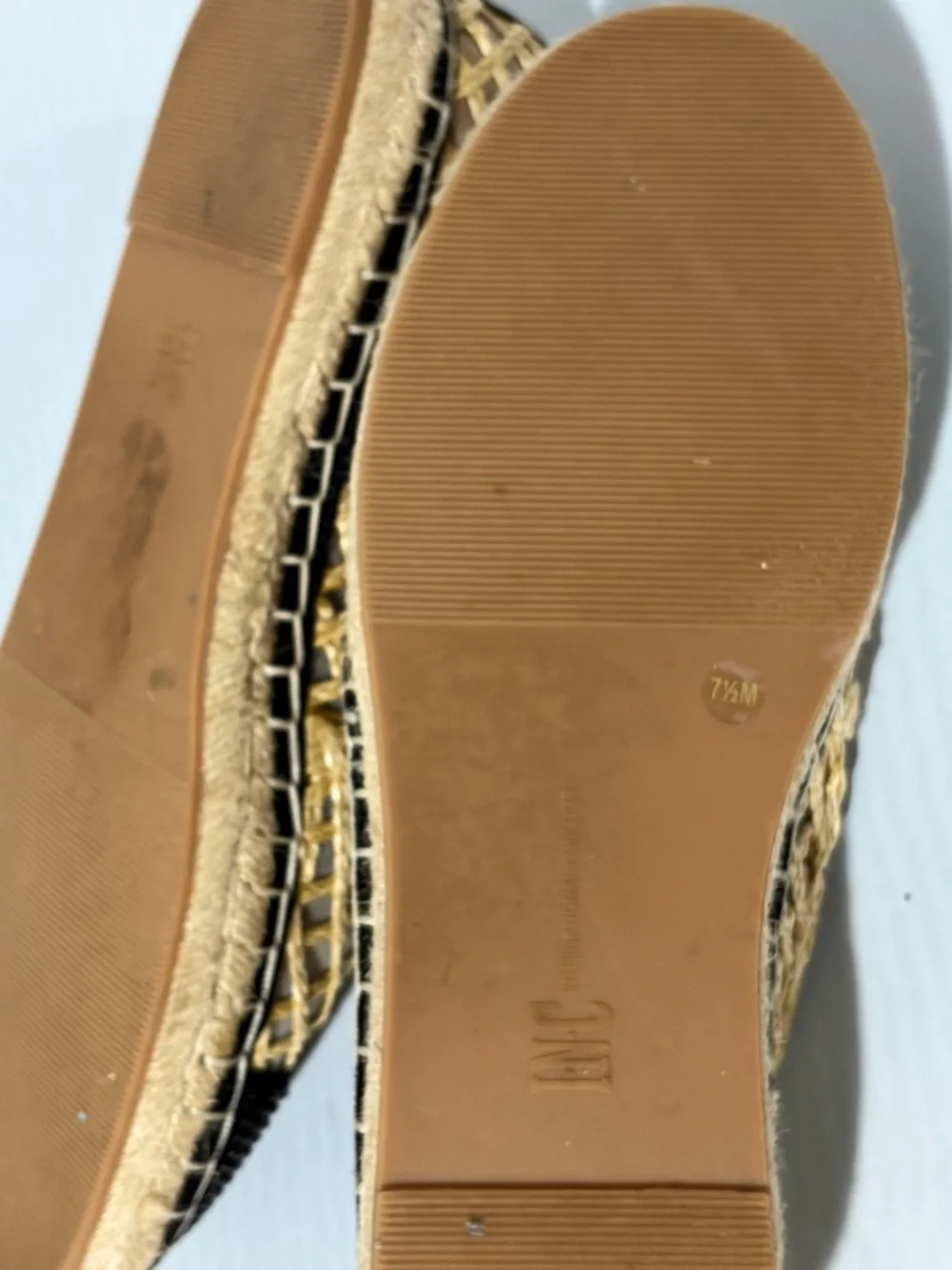 Woven Espadrille Slip-On Flats in Black and‎ Tan